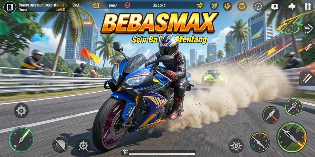 Screenshot utama BEBASMAX menampilkan balapan motor yang intens dan seru.