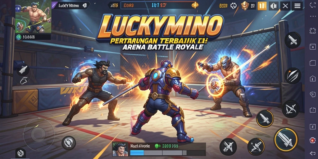 Screenshot utama LUCKYMINO menampilkan aksi pertarungan Battle Royale yang intens.