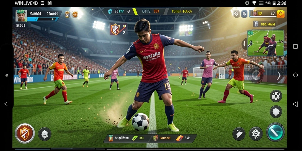 Screenshot gameplay WINLIVE4D menampilkan aksi penuh intensitas dalam pertandingan sepak bola.
